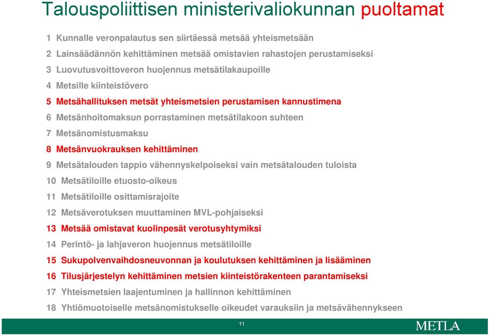 Metsänomistusmaksu 8 Metsänvuokrauksen kehittäminen 9 Metsätalouden tappio vähennyskelpoiseksi vain metsätalouden tuloista 10 Metsätiloille etuosto-oikeus 11 Metsätiloille osittamisrajoite 12