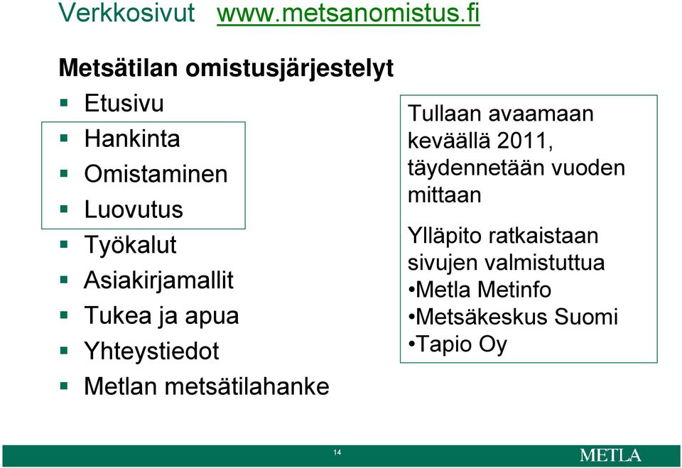 Asiakirjamallit Tukea ja apua Yhteystiedot Metlan metsätilahanke Tullaan