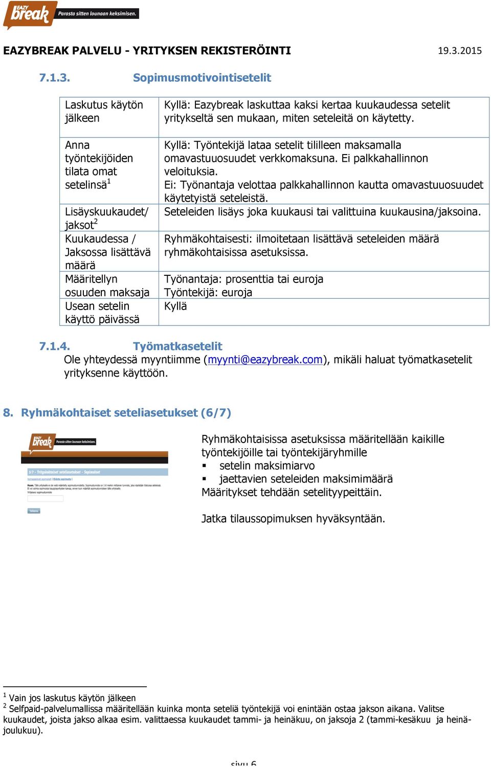 käyttö päivässä Kyllä: Eazybreak laskuttaa kaksi kertaa kuukaudessa setelit yritykseltä sen mukaan, miten seteleitä on käytetty.