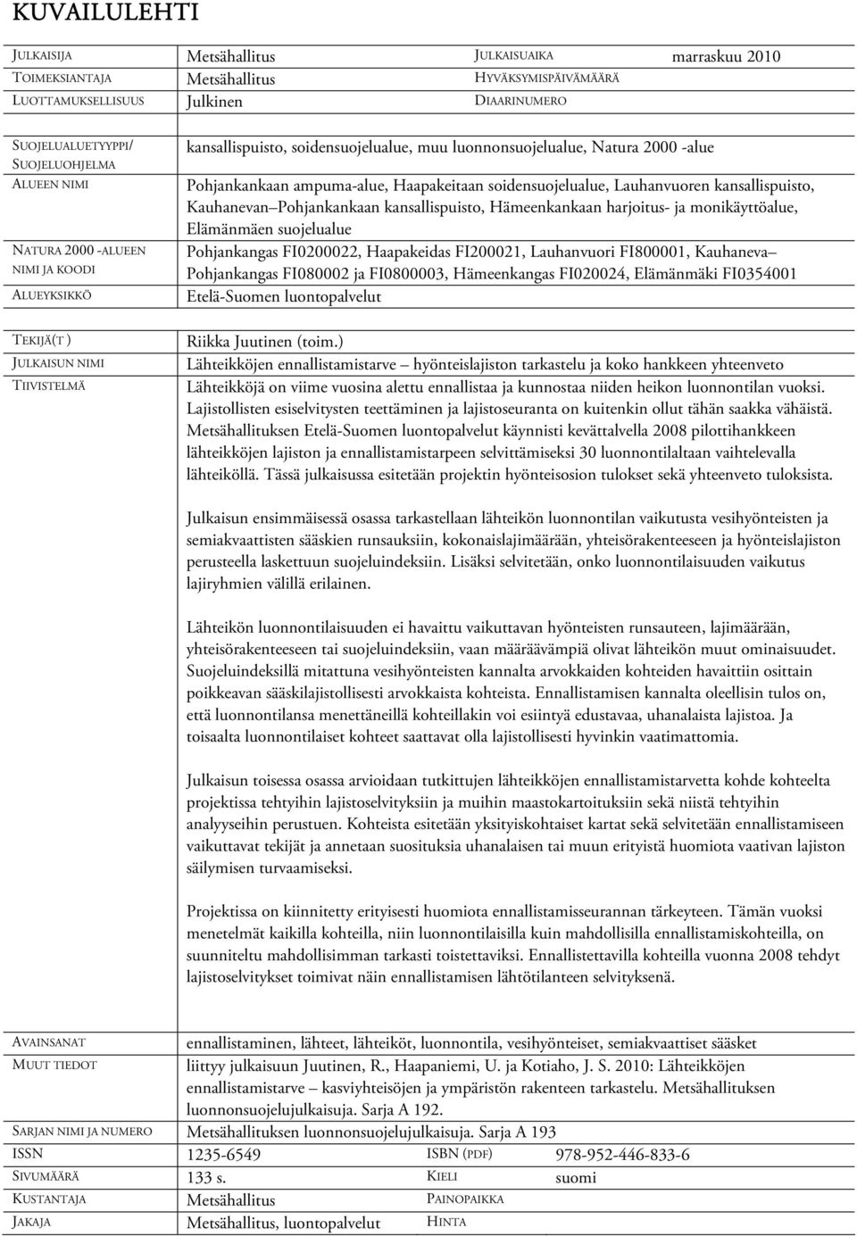 kansallispuisto, Kauhanevan Pohjankankaan kansallispuisto, Hämeenkankaan harjoitus- ja monikäyttöalue, Elämänmäen suojelualue Pohjankangas FI0000, Haapakeidas FI000, Lauhanvuori FI80000, Kauhaneva