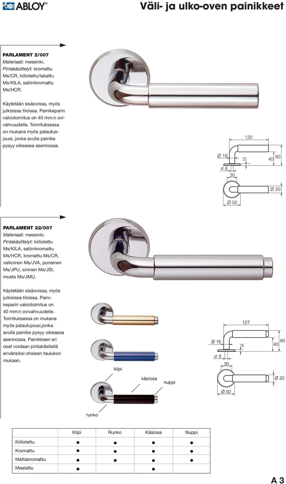 120 Ø 16 40 60 Ø 20 Ø 0 PARLAMENT 22/007 Ms/KILA, satiinikromattu Ms/HCR, kromattu Ms/CR, valkoinen Ms/JVA, punainen Ms/JPU, sininen Ms/JSI, musta Ms/JMU.