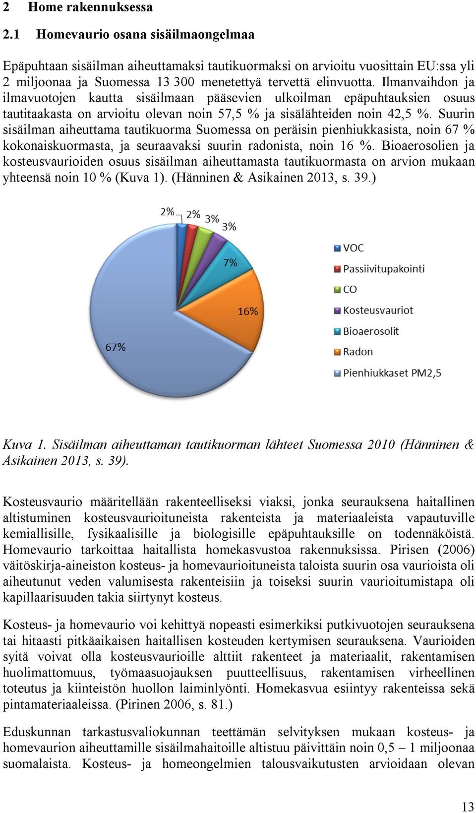 Ilmanvaihdon ja ilmavuotojen kautta sisäilmaan pääsevien ulkoilman epäpuhtauksien osuus tautitaakasta on arvioitu olevan noin 57,5 % ja sisälähteiden noin 42,5 %.