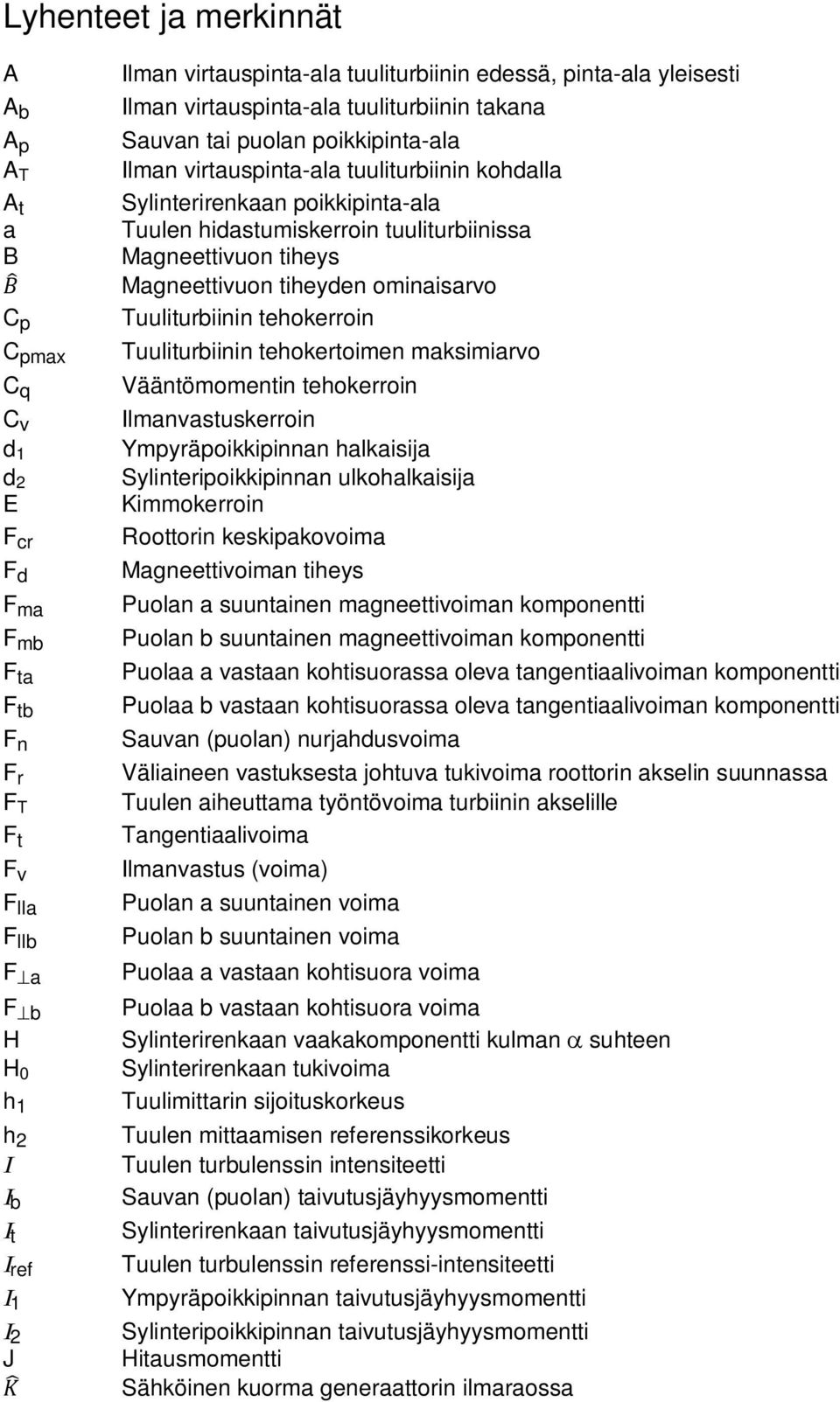 poikkipinta-ala Tuulen hidastumiskerroin tuuliturbiinissa Magneettivuon tiheys Magneettivuon tiheyden ominaisarvo Tuuliturbiinin tehokerroin Tuuliturbiinin tehokertoimen maksimiarvo Vääntömomentin