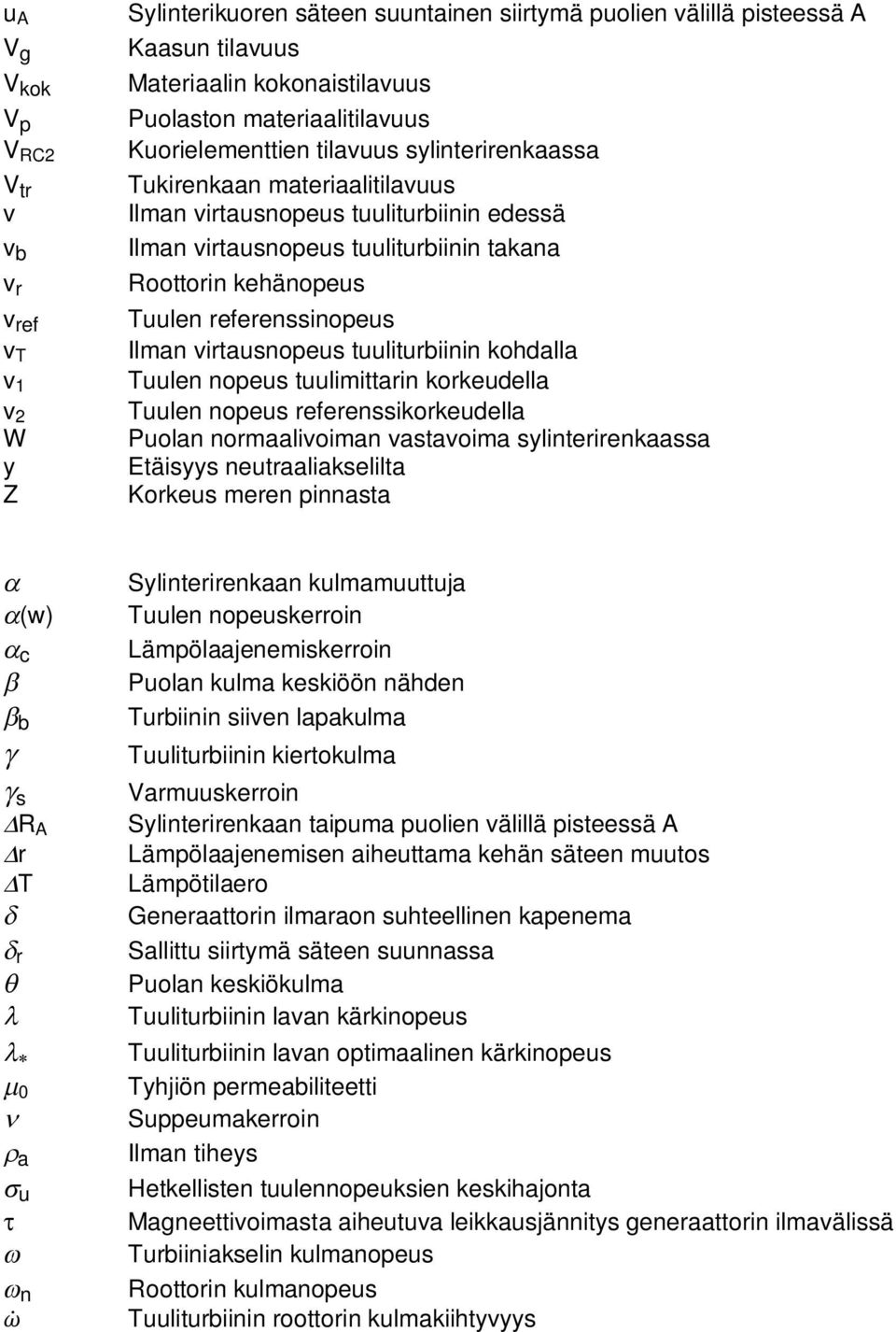 Tuulen referenssinopeus Ilman virtausnopeus tuuliturbiinin kohdalla Tuulen nopeus tuulimittarin korkeudella Tuulen nopeus referenssikorkeudella Puolan normaalivoiman vastavoima sylinterirenkaassa