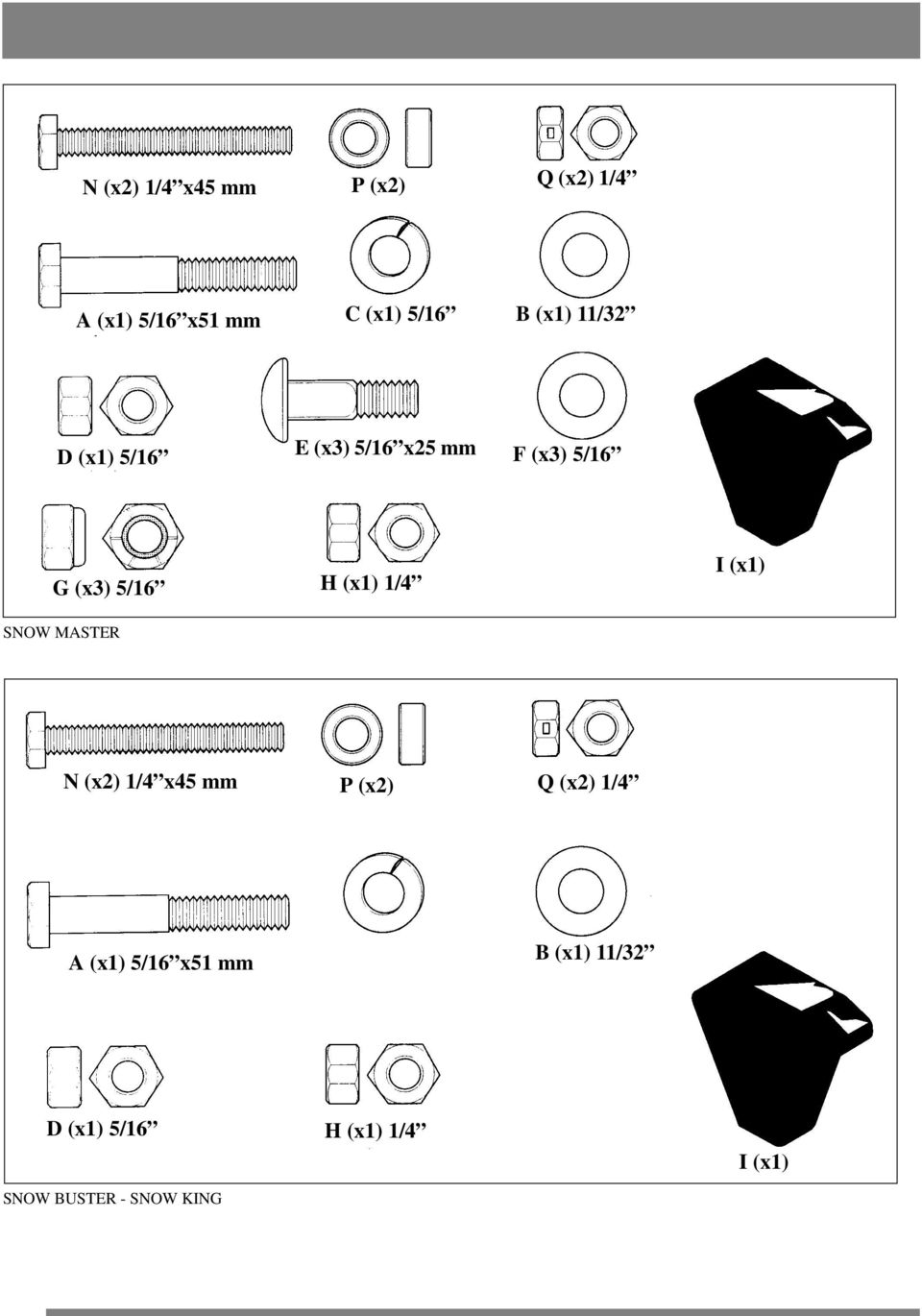 (x1) 1/4 I (x1) SNOW MASTER N (x2) 1/4 x45 mm P (x2) Q (x2) 1/4 A (x1)