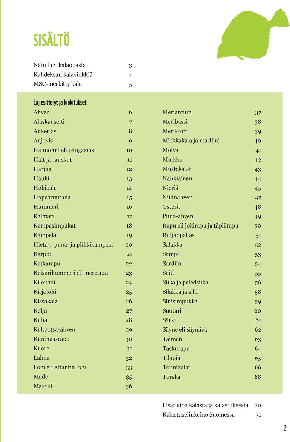 Kirjolohi 25 Kissakala 26 Kolja 27 Kuha 28 Kultaotsa-ahven 29 Kuningasrapu 30 Kuore 31 Lahna 32 Lohi eli Atlantin lohi 33 Made 35 Makrilli 36 Meriantura 37 Meribassi 38 Merikrotti 39 Miekkakala ja