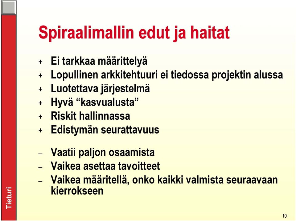 kasvualusta + Riskit hallinnassa + Edistymän seurattavuus Vaatii paljon