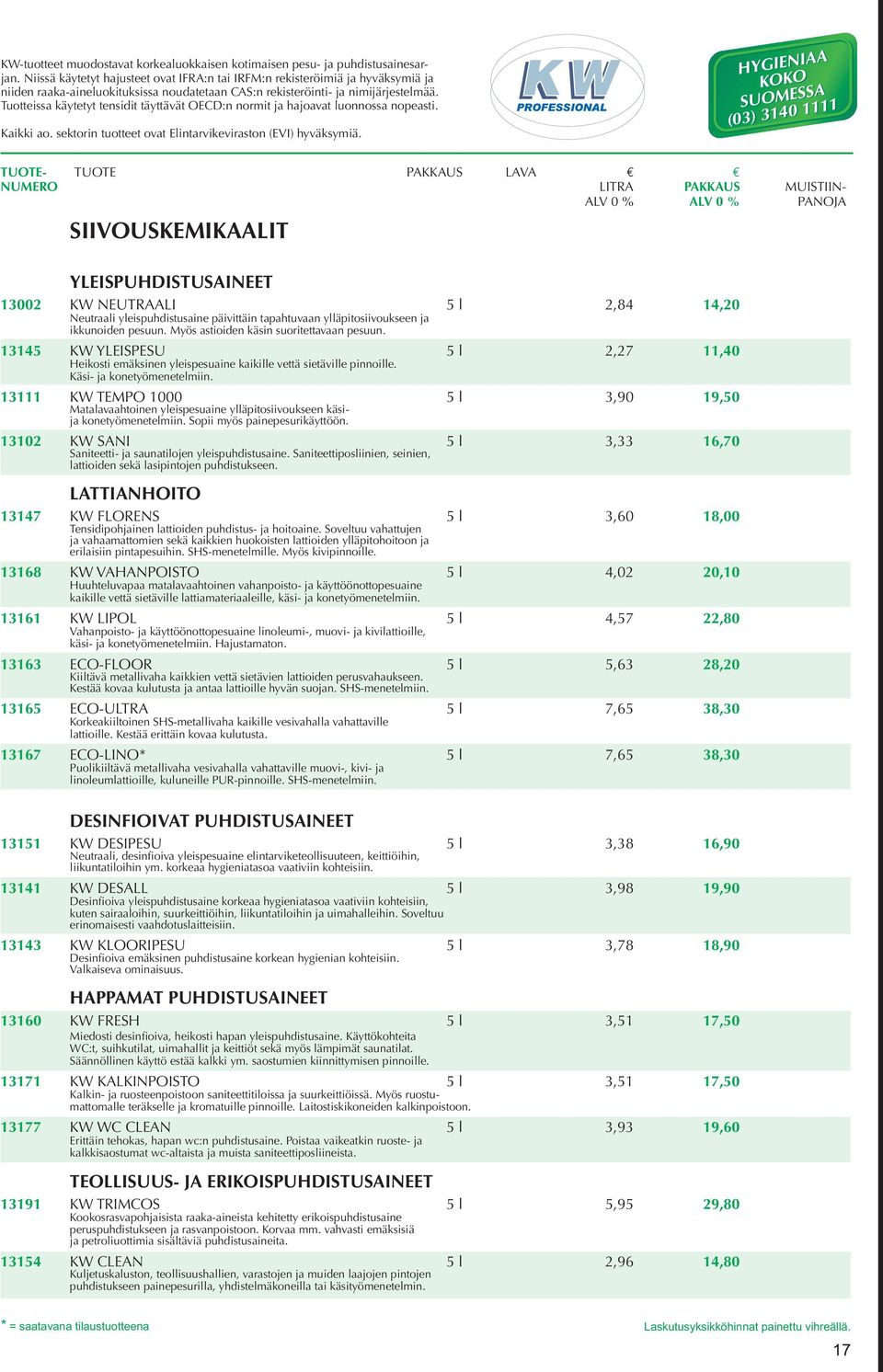 Tuotteissa käytetyt tensidit täyttävät OECD:n normit ja hajoavat luonnossa nopeasti. Kaikki ao. sektorin tuotteet ovat Elintarvikeviraston (EVI) hyväksymiä.