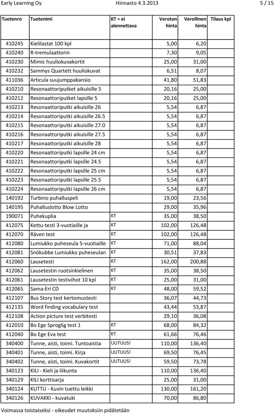 korttipeli Articula suujumppakansio 41,80 51,83 410210 Resonaattoriputket aikuisille 5 20,16 25,00 410212 kappaleen Resonaattoriputket sarja lapsille 5 20,16 25,00 410213 kappaleen Resonaattoriputki