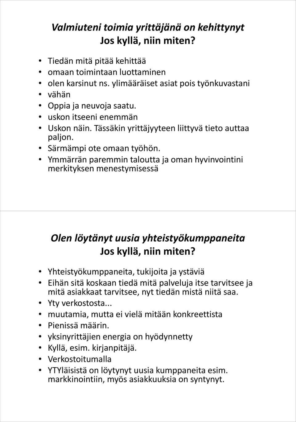 Ymmärrän paremmin taloutta ja oman hyvinvointini merkityksen menestymisessä Olen löytänyt uusia yhteistyökumppaneita Yhteistyökumppaneita, tukijoita ja ystäviä Eihän sitä koskaan tiedä mitä palveluja