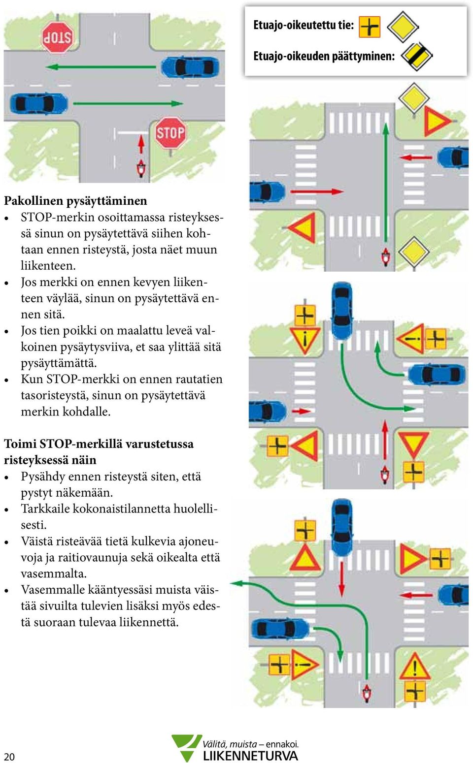 Kun STOP-merkki on ennen rautatien tasoristeystä, sinun on pysäytettävä merkin kohdalle. Toimi STOP-merkillä varustetussa risteyksessä näin Pysähdy ennen risteystä siten, että pystyt näkemään.