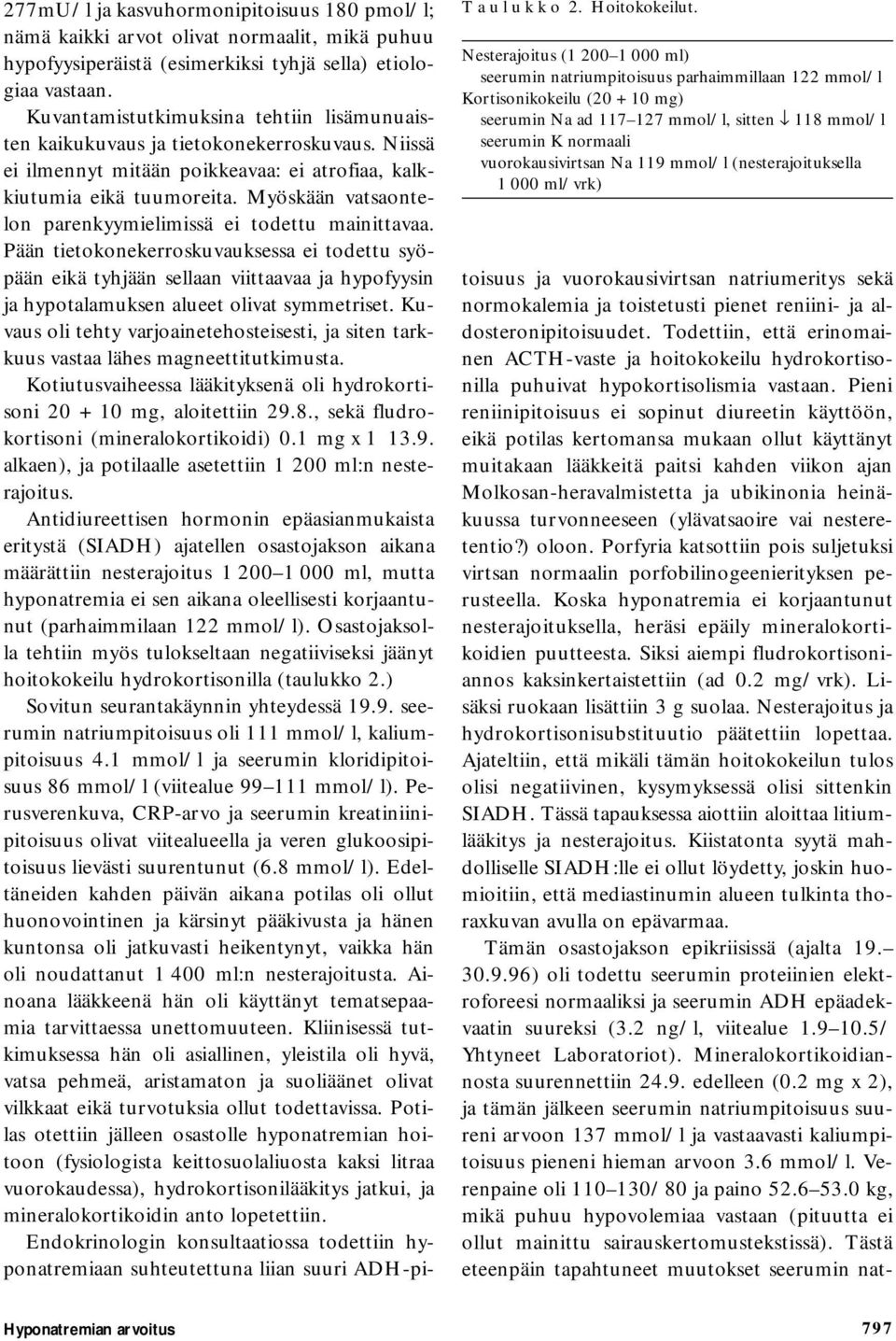 Na 119 mmol/l (nesterajoituksella 1 000 ml/vrk) 277mU/l ja kasvuhormonipitoisuus 180 pmol/l; nämä kaikki arvot olivat normaalit, mikä puhuu hypofyysiperäistä (esimerkiksi tyhjä sella) etiologiaa