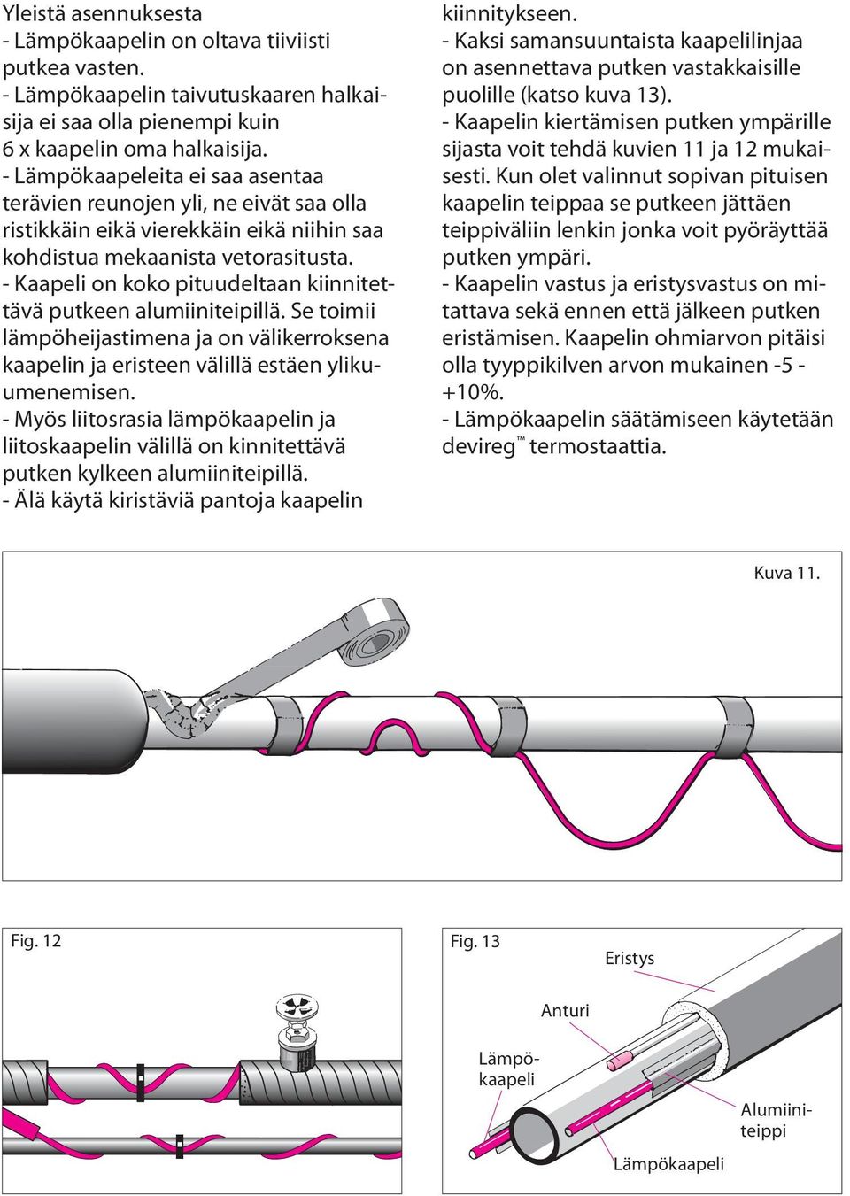 - Kaapeli on koko pituudeltaan kiinnitettävä putkeen alumiiniteipillä. Se toimii lämpöheijastimena ja on välikerroksena kaapelin ja eristeen välillä estäen ylikuumenemisen.