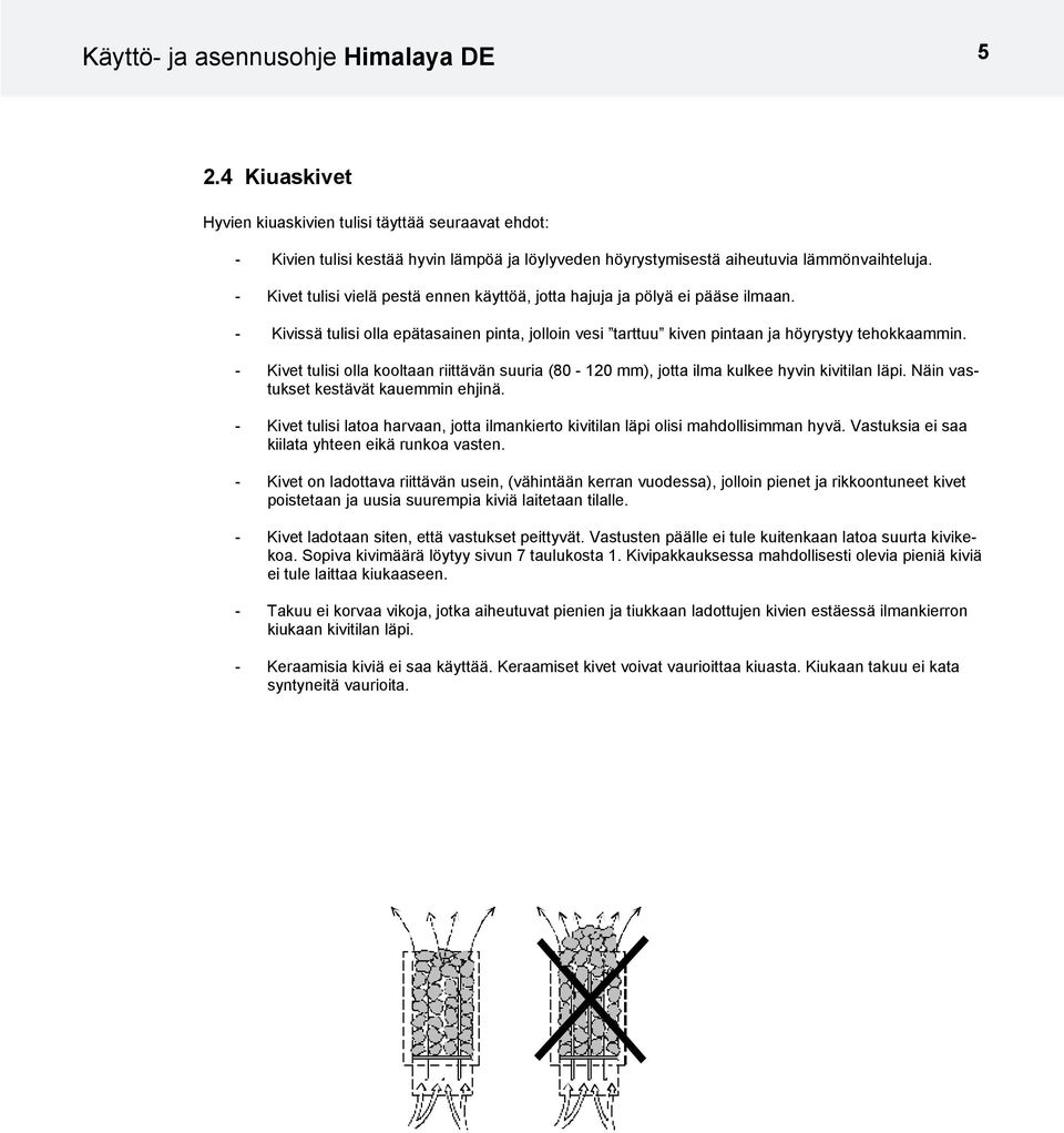 - Kivet tulisi olla kooltaan riittävän suuria (80-120 mm), jotta ilma kulkee hyvin kivitilan läpi. Näin vastukset kestävät kauemmin ehjinä.
