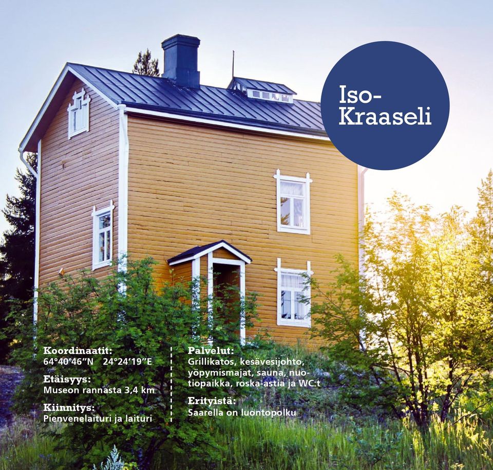 Palvelut: Grillikatos, kesävesijohto, yöpymismajat, sauna,