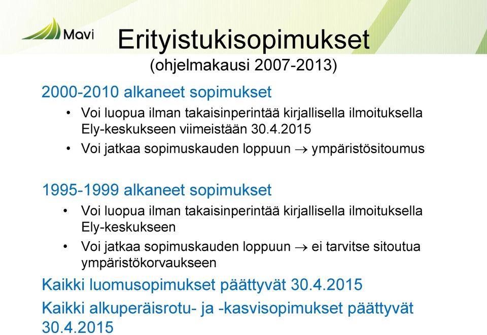 2015 Voi jatkaa sopimuskauden loppuun ympäristösitoumus 1995-1999 alkaneet sopimukset Voi luopua ilman takaisinperintää