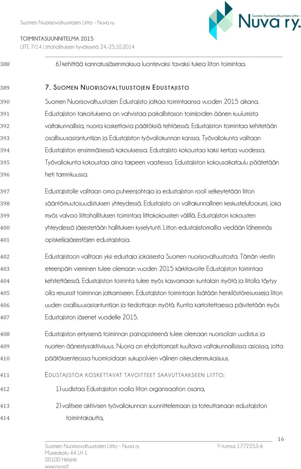 SUOMEN NUORISOVALTUUSTOJEN EDUSTAJISTO Suomen Nuorisovaltuustojen Edustajisto jatkaa toimintaansa vuoden 2015 aikana.