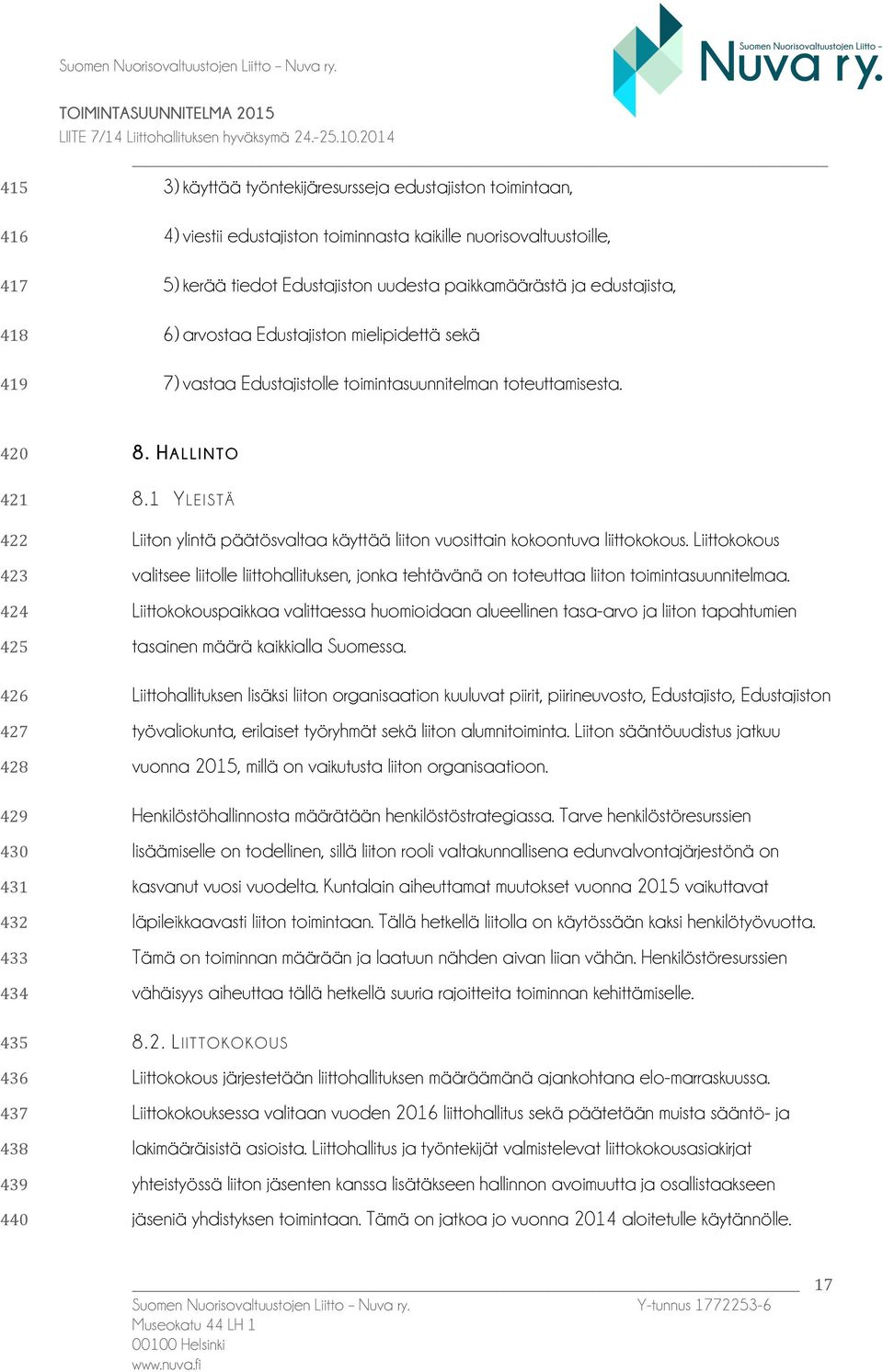 paikkamäärästä ja edustajista, 6) arvostaa Edustajiston mielipidettä sekä 7) vastaa Edustajistolle toimintasuunnitelman toteuttamisesta. 420 8.