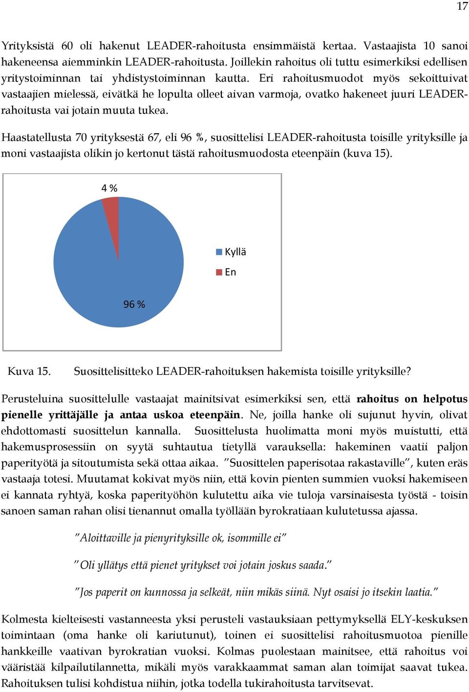 Eri rahoitusmuodot myös sekoittuivat vastaajien mielessä, eivätkä he lopulta olleet aivan varmoja, ovatko hakeneet juuri LEADERrahoitusta vai jotain muuta tukea.