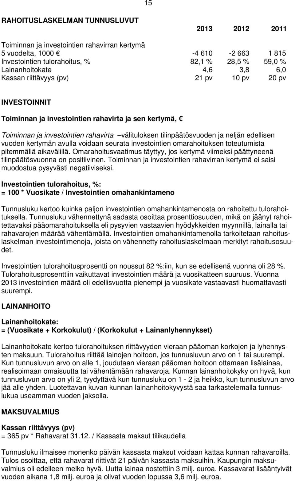 kertymän avulla voidaan seurata investointien omarahoituksen toteutumista pitemmällä aikavälillä. Omarahoitusvaatimus täyttyy, jos kertymä viimeksi päättyneenä tilinpäätösvuonna on positiivinen.