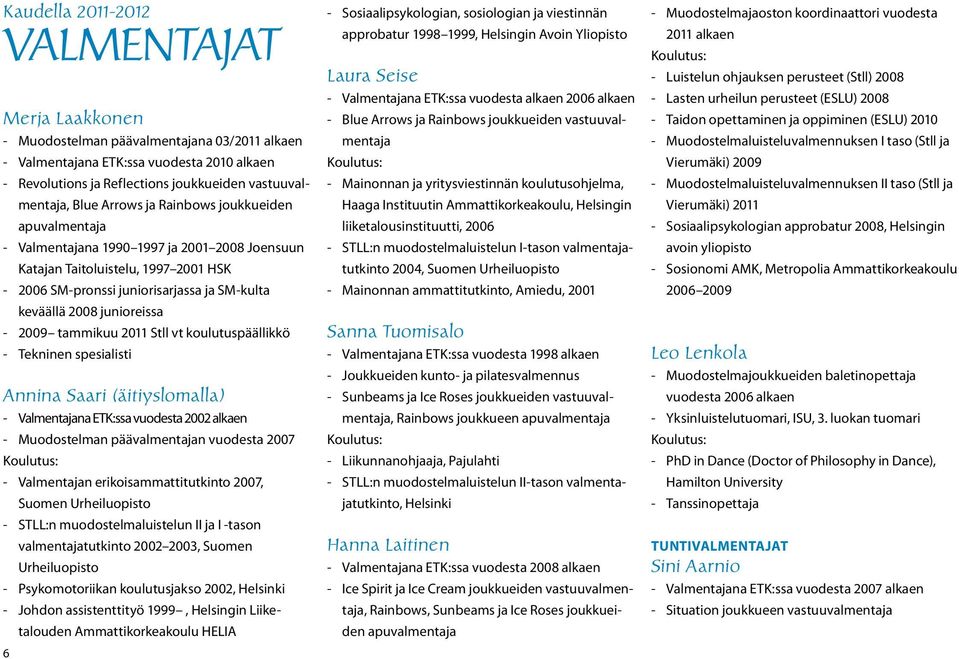 junioreissa - 2009 tammikuu 2011 Stll vt koulutuspäällikkö - Tekninen spesialisti Annina Saari (äitiyslomalla) - Valmentajana ETK:ssa vuodesta 2002 alkaen - Muodostelman päävalmentajan vuodesta 2007