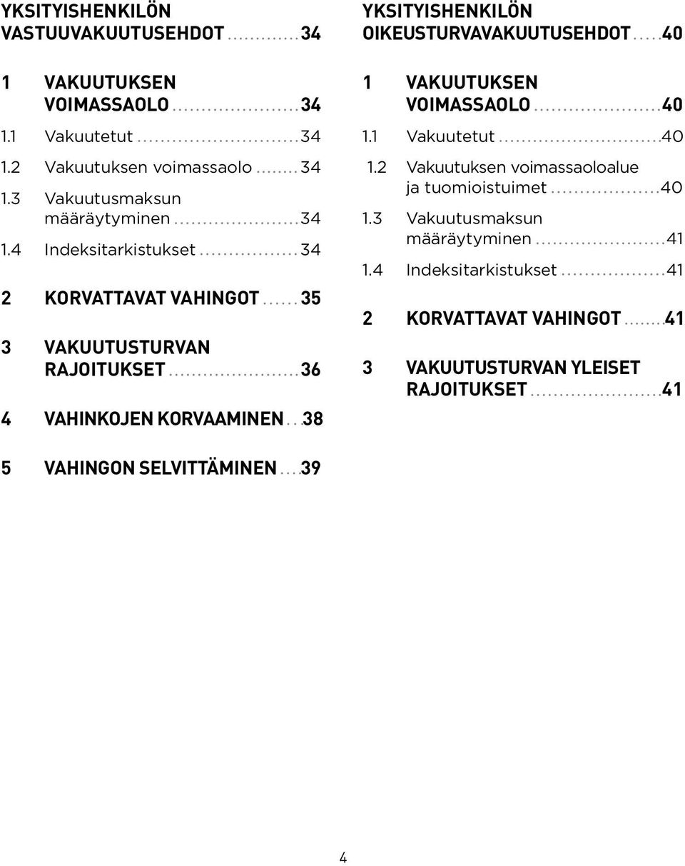 4 Indeksitarkistukset 34 2 KORVATTAVAT VAHINGOT 35 3 VAKUUTUSTURVAN RAJOITUKSET 36 4 VAHINKOJEN KORVAAMINEN 38 YKSITYISHENKILÖN