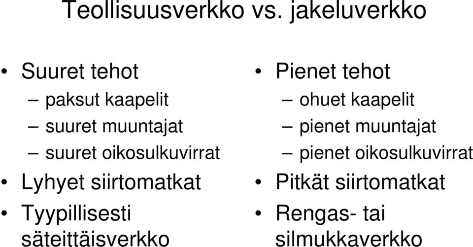 oikosulkuvirrat Lyhyet siirtomatkat Tyypillisesti säteittäisverkko