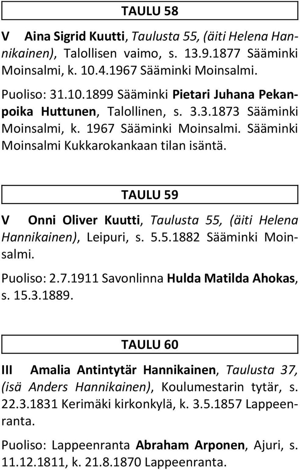 Puoliso: 2.7.1911 Savonlinna Hulda Matilda Ahokas, s. 15.3.1889. TAULU 60 III Amalia Antintytär Hannikainen, Taulusta 37, (isä Anders Hannikainen), Koulumestarin tytär, s. 22.3.1831 Kerimäki kirkonkylä, k.
