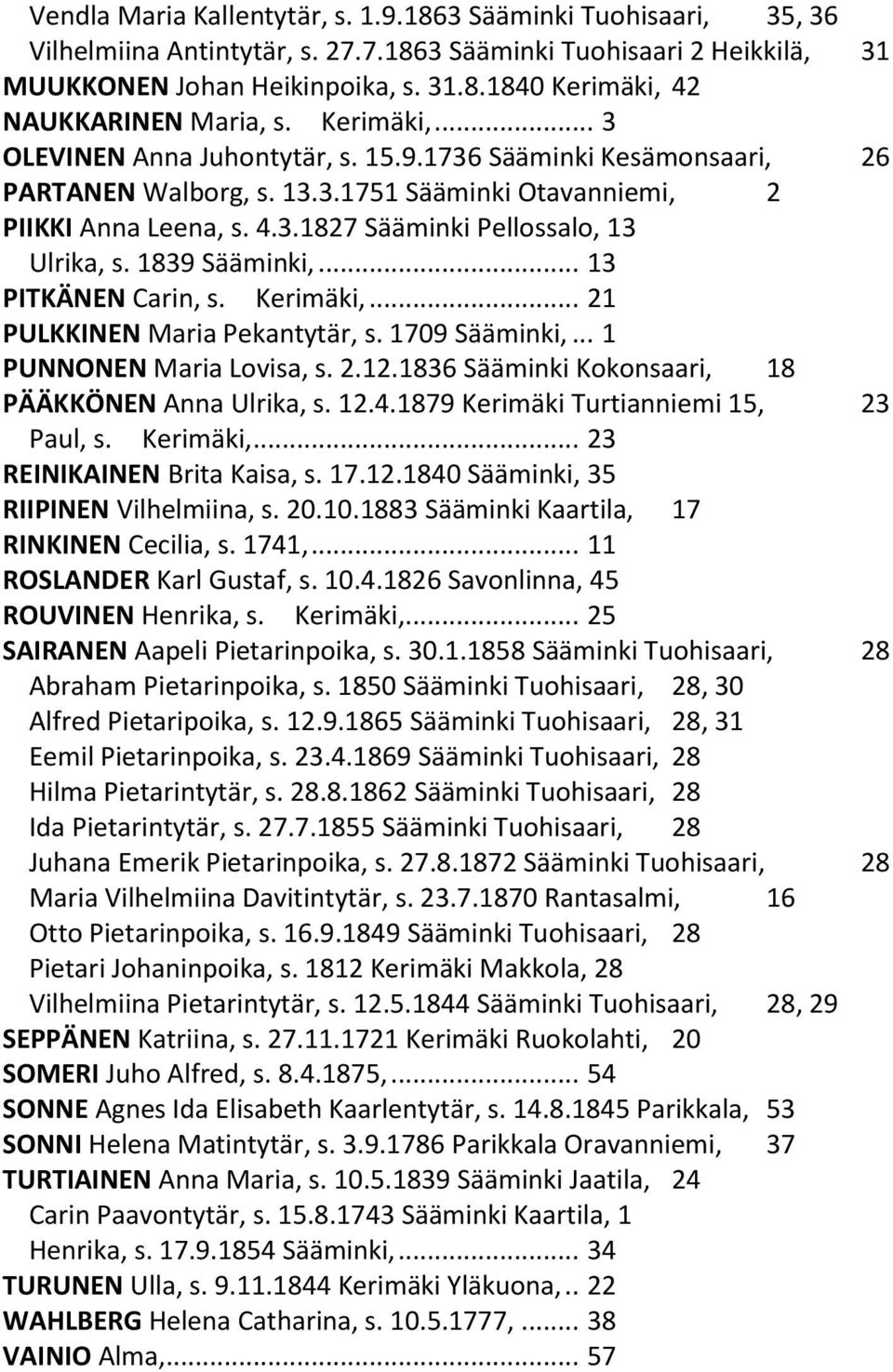 1839 Sääminki,... 13 PITKÄNEN Carin, s. Kerimäki,... 21 PULKKINEN Maria Pekantytär, s. 1709 Sääminki,... 1 PUNNONEN Maria Lovisa, s. 2.12.1836 Sääminki Kokonsaari, 18 PÄÄKKÖNEN Anna Ulrika, s. 12.4.