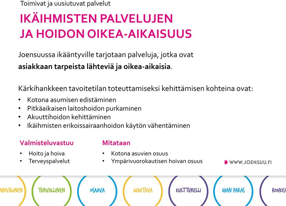 Kärkihankkeen tavoitetilan toteuttamiseksi kehittämisen kohteina ovat: Kotona asumisen edistäminen Pitkäaikaisen laitoshoidon