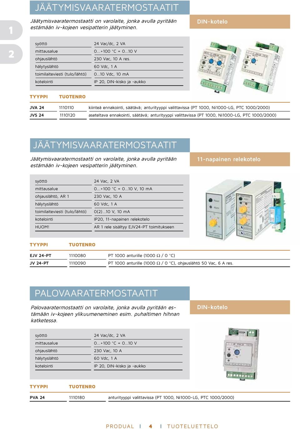 ..10 Vdc, 10 ma IP 20, DIN-kisko ja -aukko JVA 24 1110110 kiinteä ennakointi, säätävä; anturityyppi valittavissa (PT 1000, Ni1000-LG, PTC 1000/2000) JVS 24 1110120 aseteltava ennakointi, säätävä;