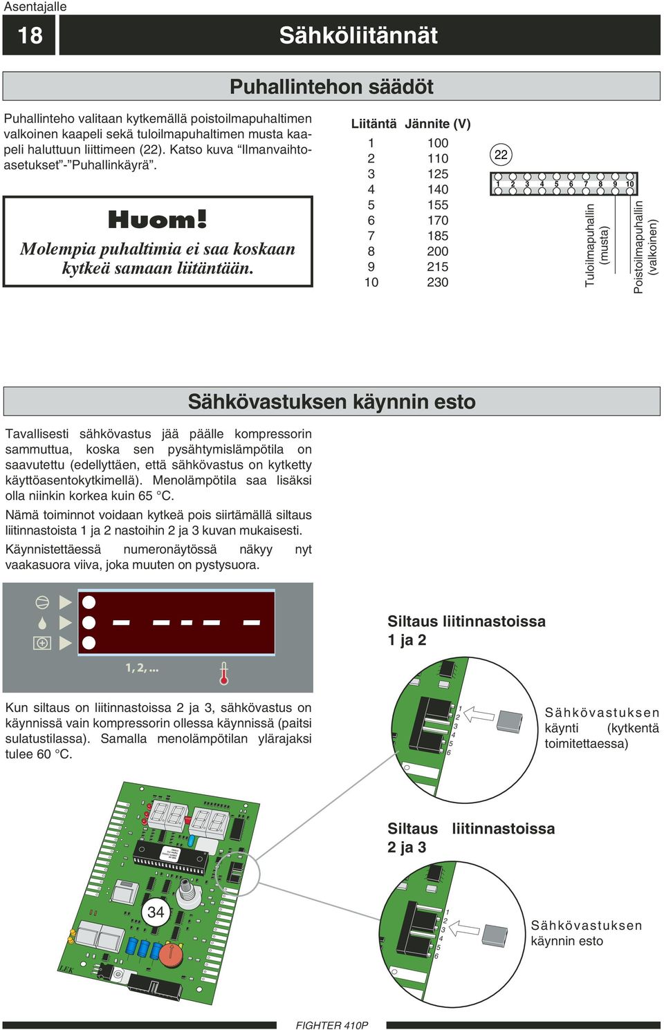 Liitäntä Jännite (V) 00 0 5 0 5 55 6 70 7 85 8 00 9 5 0 0 5 6 7 8 9 0 Tuloilmapuhallin Tilluftsfläkt (musta) (svart) Poistoilmapuhallin Frånluftsfläkt (vit) (valkoinen) Tavallisesti sähkövastus jää