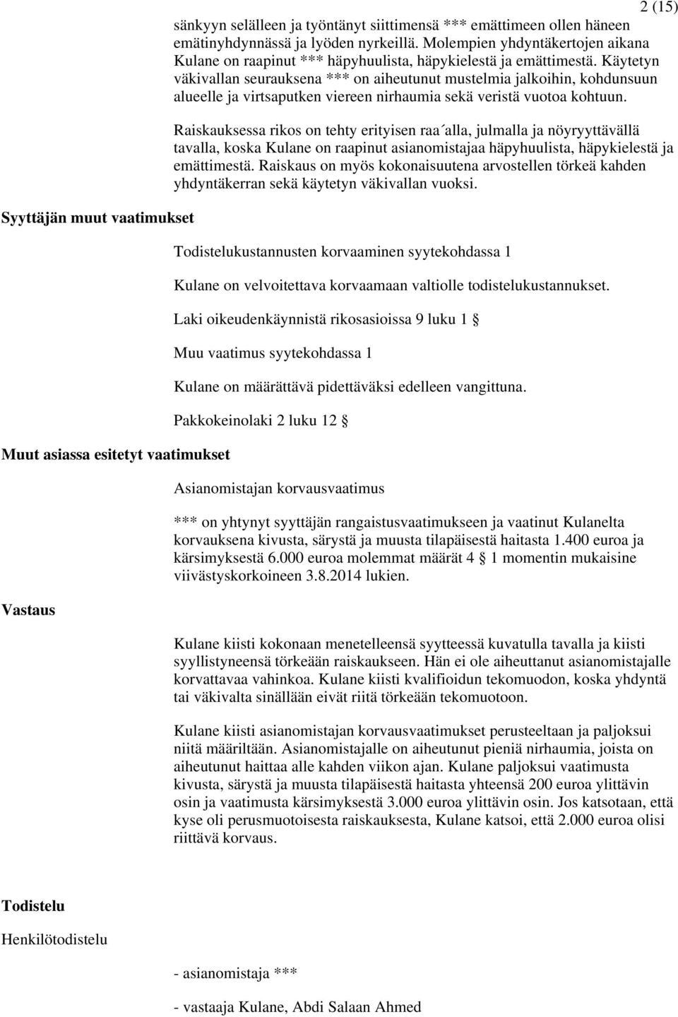 Käytetyn väkivallan seurauksena *** on aiheutunut mustelmia jalkoihin, kohdunsuun alueelle ja virtsaputken viereen nirhaumia sekä veristä vuotoa kohtuun.