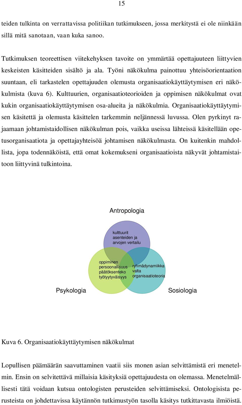 Työni näkökulma painottuu yhteisöorientaation suuntaan, eli tarkastelen opettajuuden olemusta organisaatiokäyttäytymisen eri näkökulmista (kuva ).