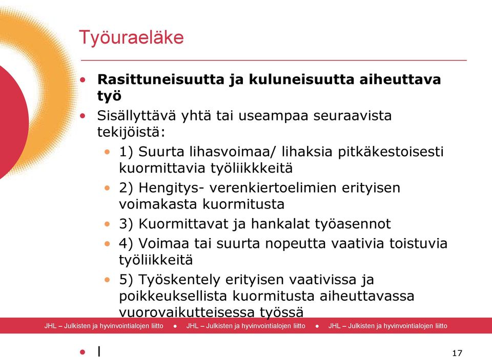 voimakasta kuormitusta 3) Kuormittavat ja hankalat työasennot 4) Voimaa tai suurta nopeutta vaativia toistuvia