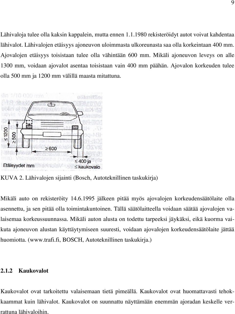 Ajovalon korkeuden tulee olla 500 mm ja 1200 mm välillä maasta mitattuna. KUVA 2. Lähivalojen sijainti (Bosch, Autoteknillinen taskukirja) Mikäli auto on rekisteröity 14.6.