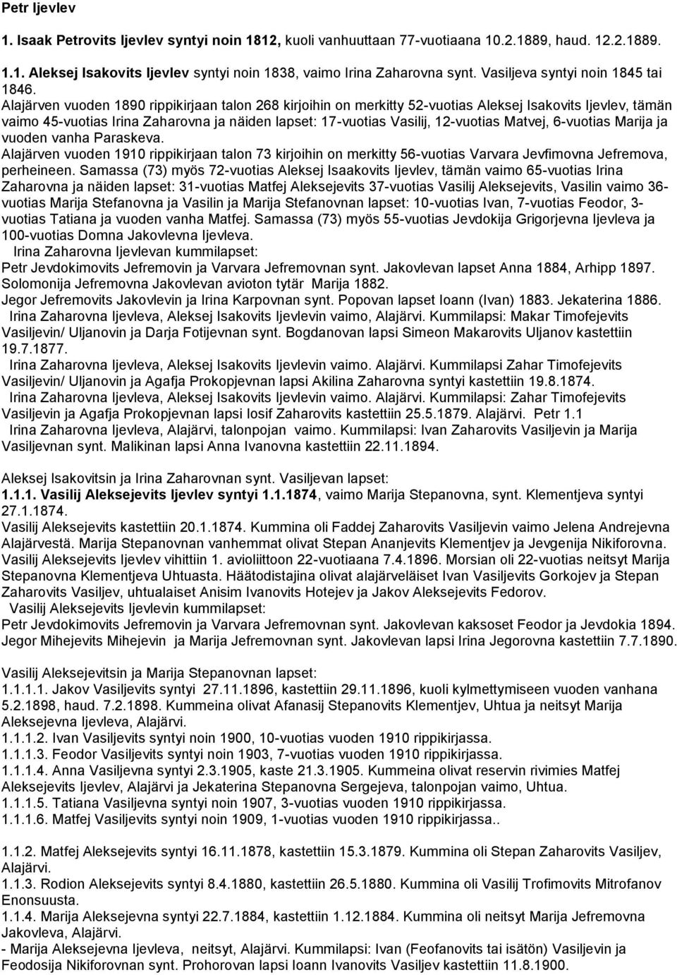 Alajärven vuoden 1890 rippikirjaan talon 268 kirjoihin on merkitty 52-vuotias Aleksej Isakovits Ijevlev, tämän vaimo 45-vuotias Irina Zaharovna ja näiden lapset: 17-vuotias Vasilij, 12-vuotias