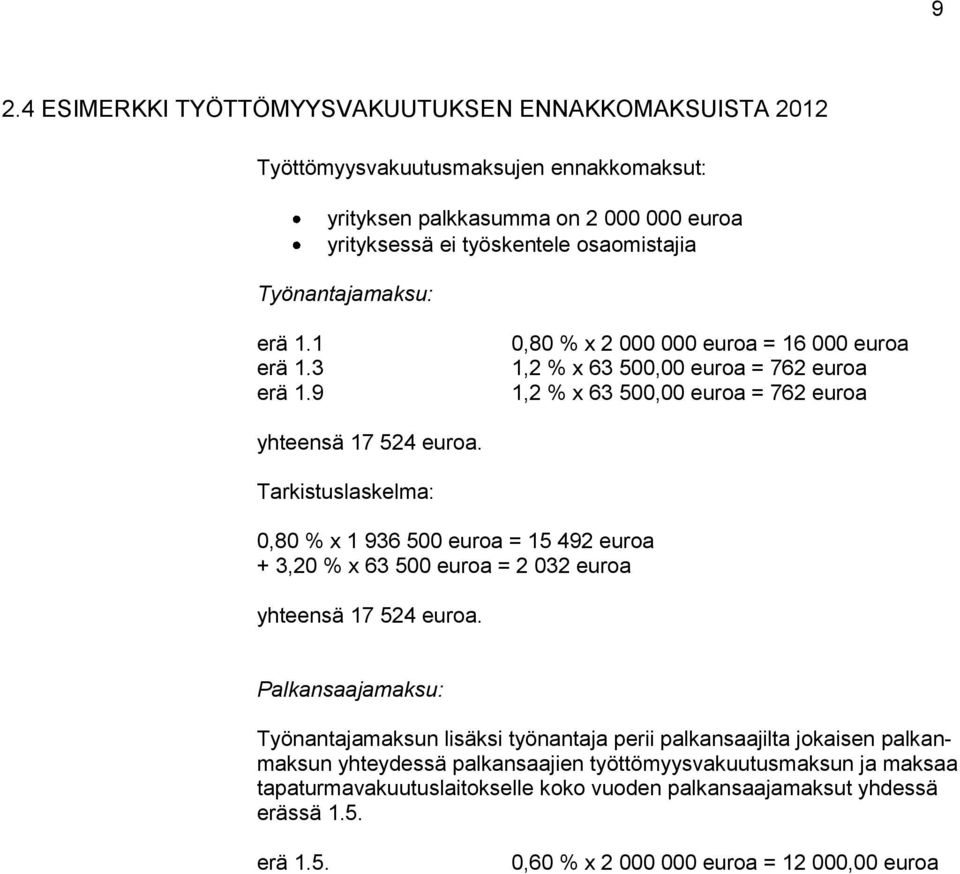 Tarkistuslaskelma: 0,80 % x 1 936 500 euroa = 15 492 euroa + 3,20 % x 63 500 euroa = 2 032 euroa yhteensä 17 524 euroa.