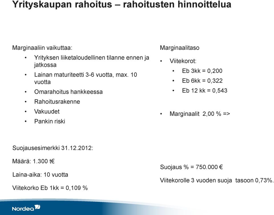 10 vuotta Omarahoitus hankkeessa Rahoitusrakenne Vakuudet Pankin riski Marginaalitaso Viitekorot: Eb 3kk = 0,200 Eb 6kk =