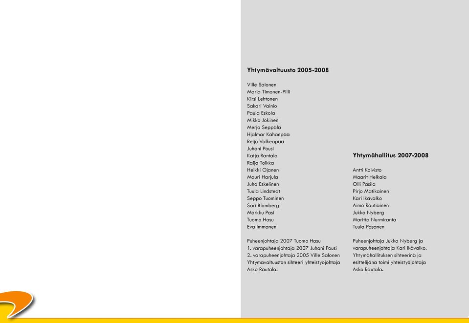 varapuheenjohtaja 2007 Juhani Pousi 2. varapuheenjohtaja 2005 Ville Salonen Yhtymävaltuuston sihteeri yhteistyöjohtaja Asko Rautala.