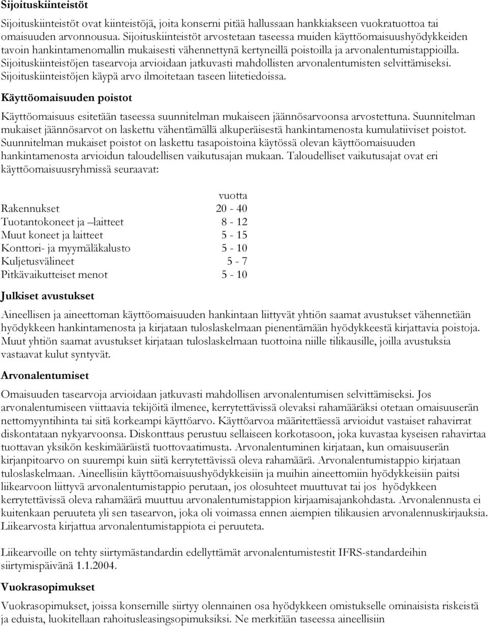 Sijoituskiinteistöjen tasearvoja arvioidaan jatkuvasti mahdollisten arvonalentumisten selvittämiseksi. Sijoituskiinteistöjen käypä arvo ilmoitetaan taseen liitetiedoissa.