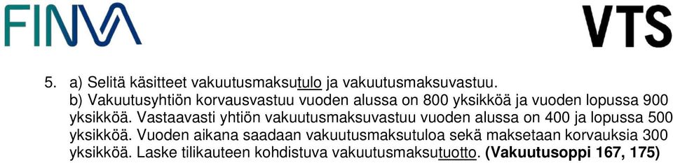 Vastaavasti yhtiön vakuutusmaksuvastuu vuoden alussa on 400 ja lopussa 500 yksikköä.