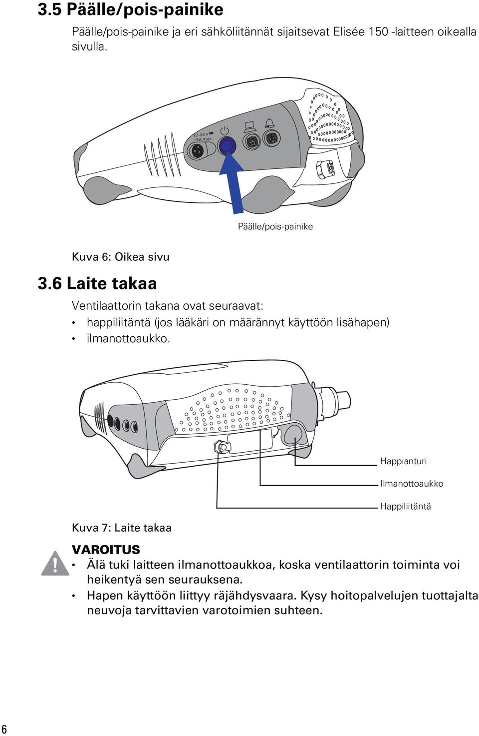 6 Laite takaa Ventilaattorin takana ovat seuraavat: happiliitäntä (jos lääkäri on määrännyt käyttöön lisähapen) ilmanottoaukko.