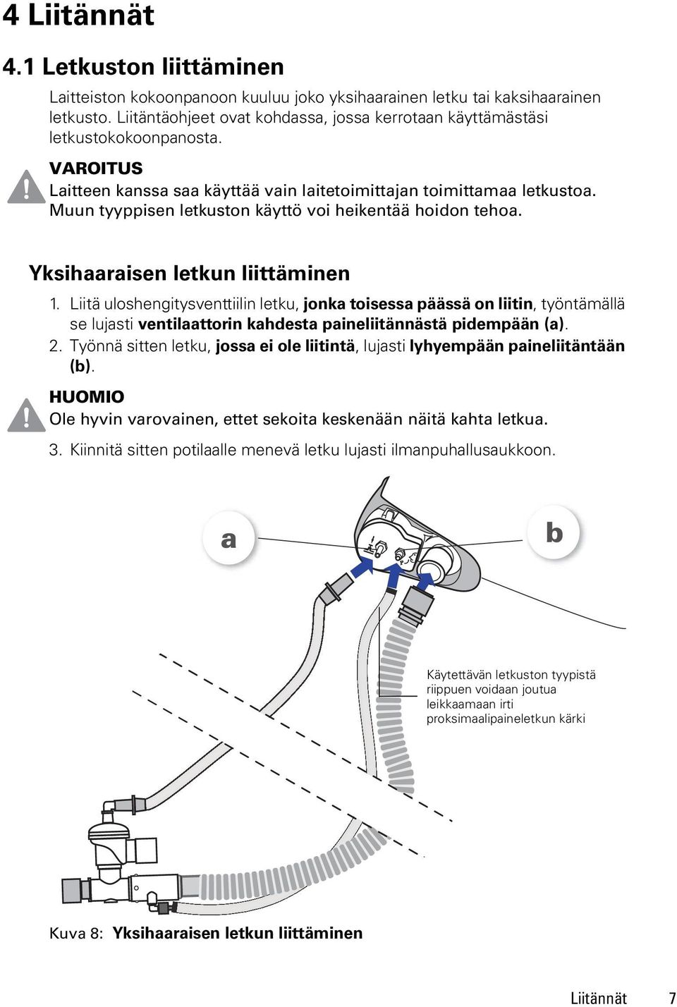 Muun tyyppisen letkuston käyttö voi heikentää hoidon tehoa. Yksihaaraisen letkun liittäminen 1.