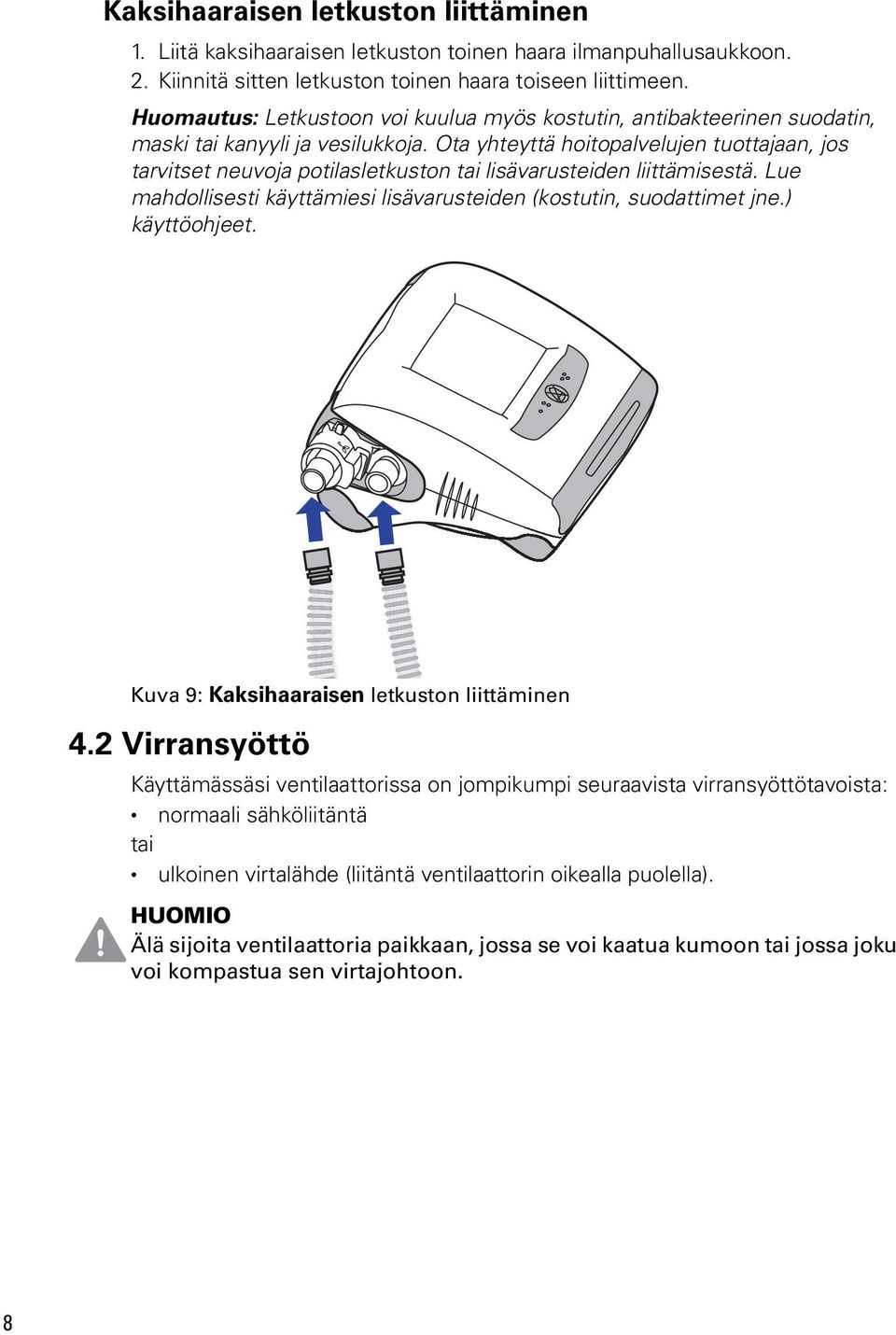 Ota yhteyttä hoitopalvelujen tuottajaan, jos tarvitset neuvoja potilasletkuston tai lisävarusteiden liittämisestä. Lue mahdollisesti käyttämiesi lisävarusteiden (kostutin, suodattimet jne.