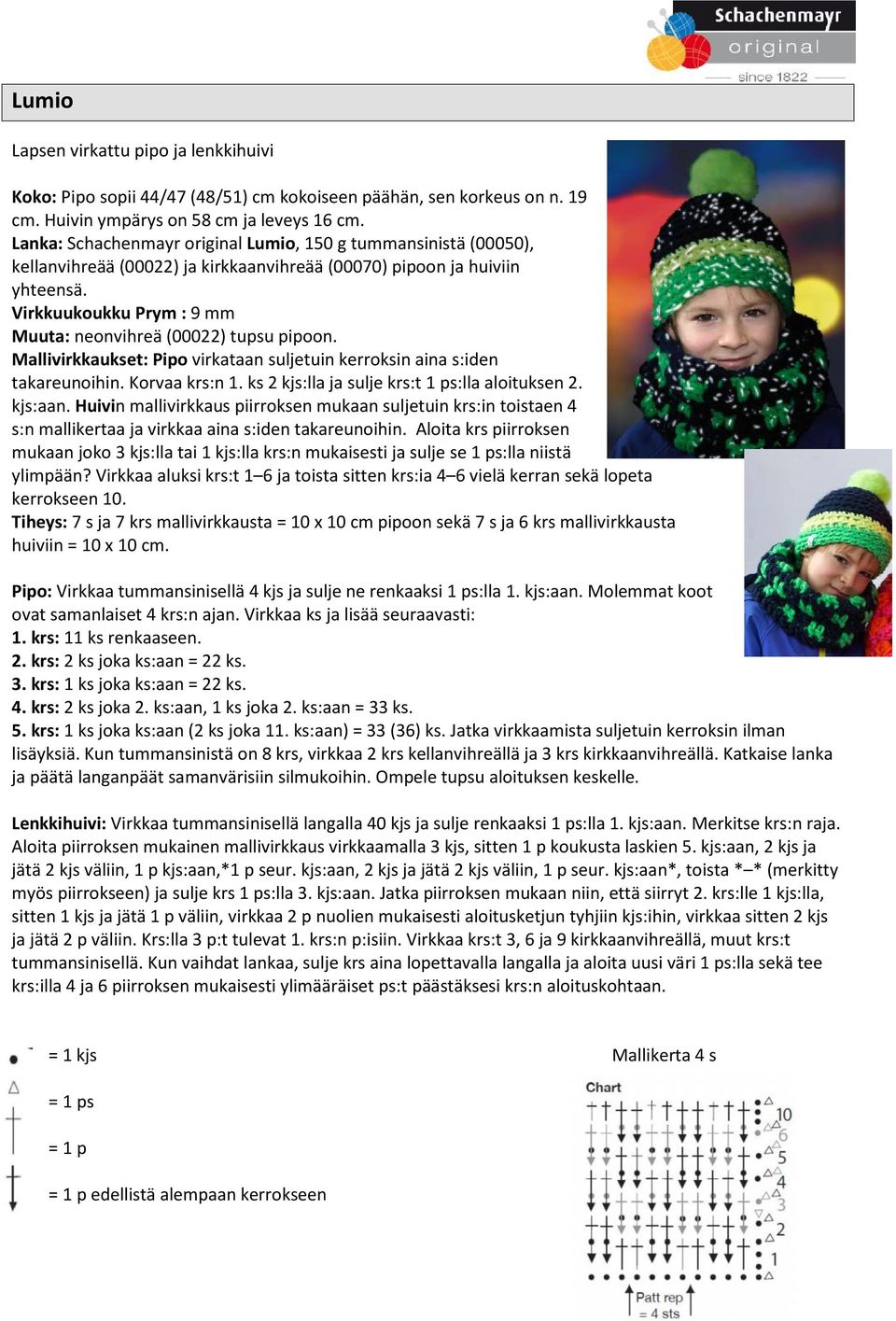 Virkkuukoukku Prym : 9 mm Muuta: neonvihreä (00022) tupsu pipoon. Mallivirkkaukset: Pipo virkataan suljetuin kerroksin aina s:iden takareunoihin. Korvaa krs:n 1.