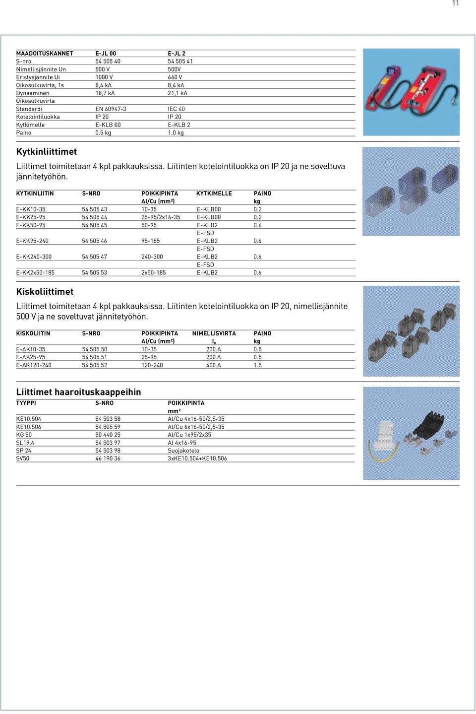 Liitinten kotelointiluokka on IP 20 ja ne soveltuva jännitetyöhön. KYTKINLIITIN S-NRO POIKKIPINTA KYTKIMELLE PAINO Al/Cu (mm²) kg E-KK10-35 54 505 43 10-35 E-KLB00 0.