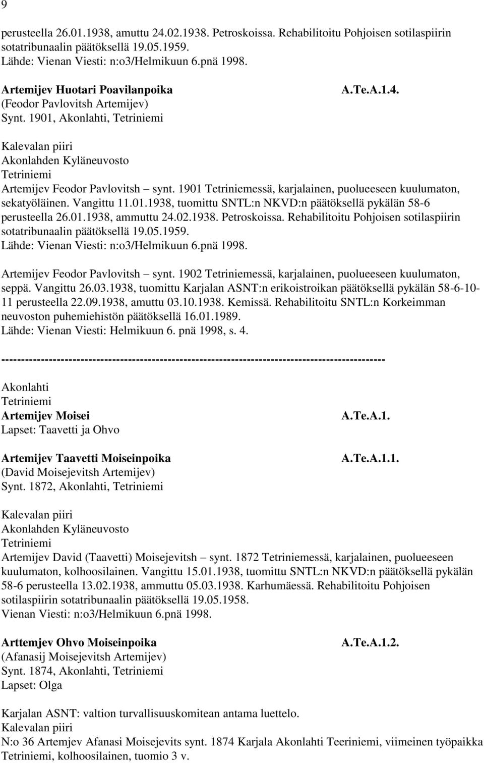 1901 Tetriniemessä, karjalainen, puolueeseen kuulumaton, sekatyöläinen. Vangittu 11.01.1938, tuomittu SNTL:n NKVD:n päätöksellä pykälän 58-6 perusteella 26.01.1938, ammuttu 24.02.1938. Petroskoissa.