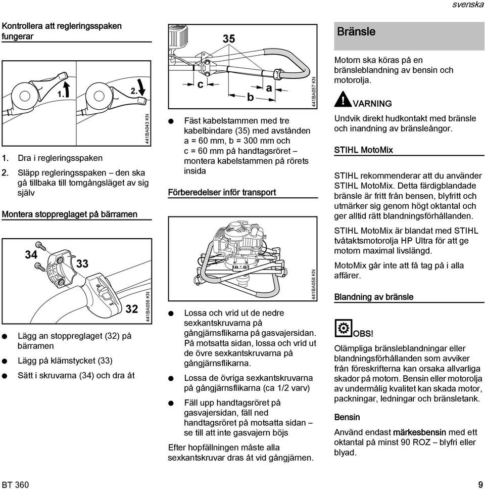 32 441BA043 K 441BA056 K Fäst kabelstammen med tre kabelbindare (35) med avstånden a = 60 mm, b = 300 mm och c = 60 mm på handtagsröret montera kabelstammen på rörets insida Förberedelser inför