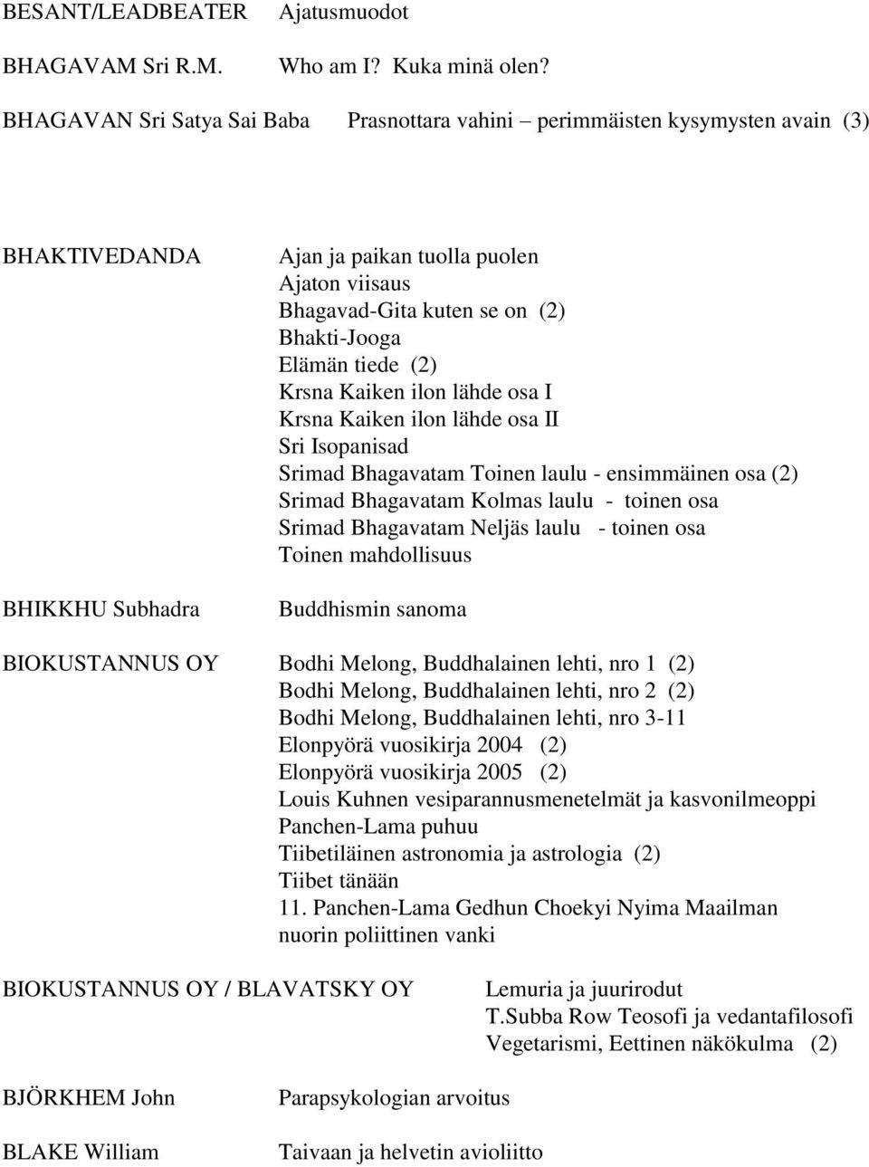 Elämän tiede (2) Krsna Kaiken ilon lähde osa I Krsna Kaiken ilon lähde osa II Sri Isopanisad Srimad Bhagavatam Toinen laulu - ensimmäinen osa (2) Srimad Bhagavatam Kolmas laulu - toinen osa Srimad